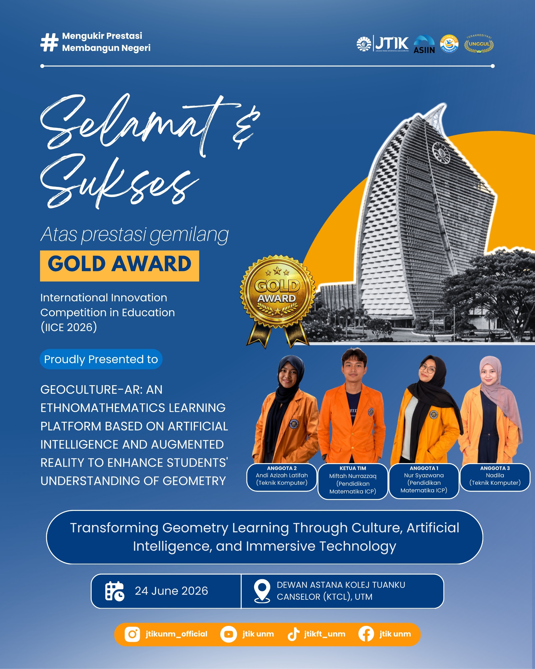 Mahasiswa JTIK UNM Raih Gold Award pada International Innovation Competition in Education (IICE) 2026